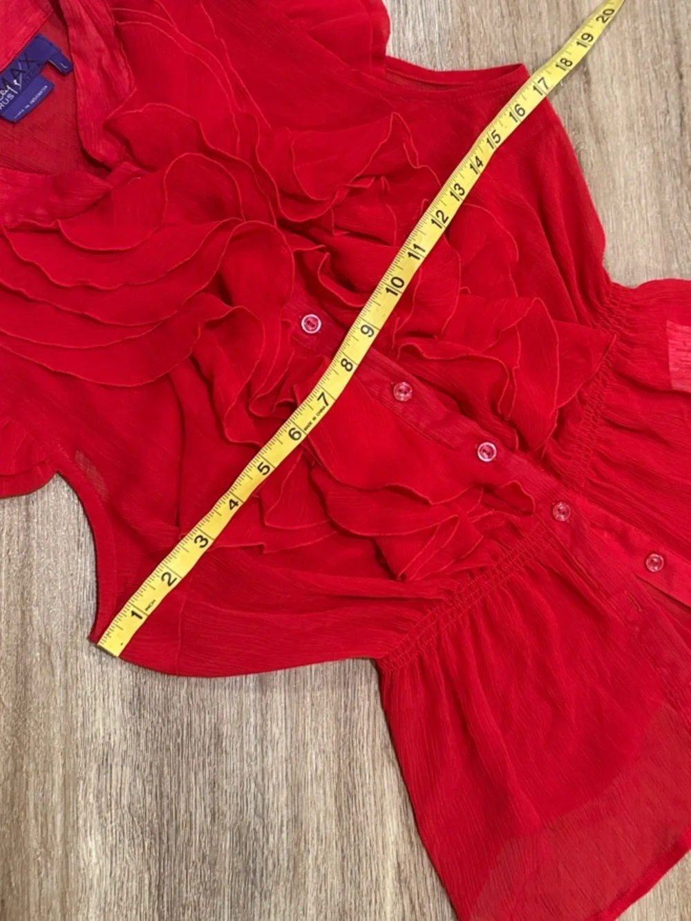 Miley Cyrus & Max Azria Red Ruffled Button-Front Sheer Blouse - Picture 5 of 7